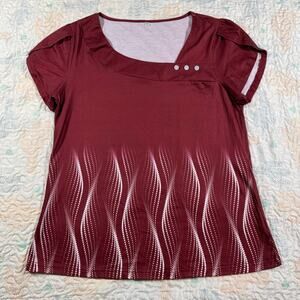 Women’s Burgundy Short Sleeve Blouse Medium Button Detail Stretch Top